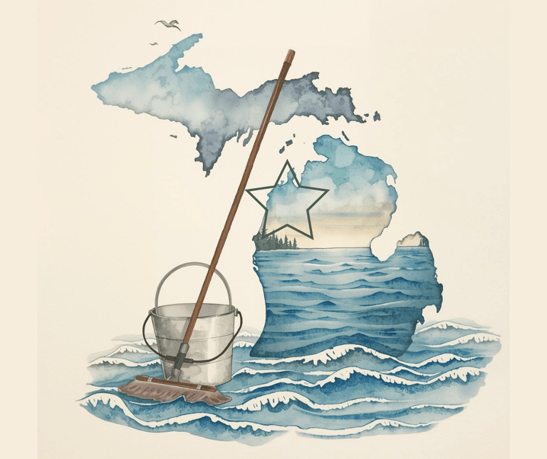 Watercolor illustration of Michigan with Traverse City marked
